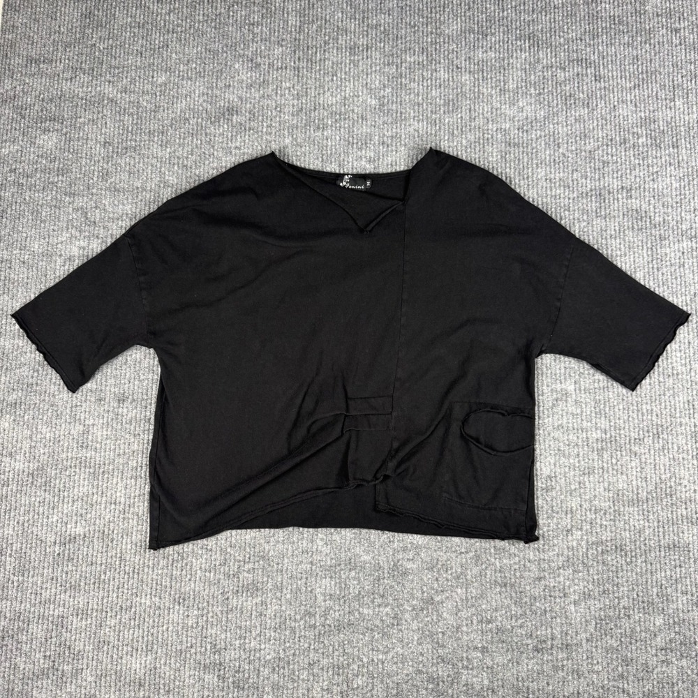 Fenini Top Womens M Black Asymmetric Raw Hem Pocket Short Sleeve USA Made Cotton - Picture 1 of 10